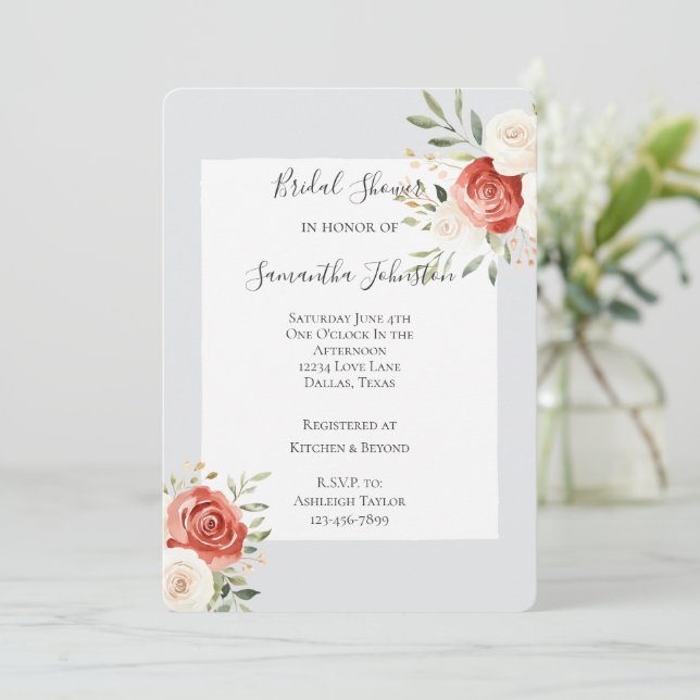 Invitación Romantic Grey Red Cream Roses Bridal Shower (Anverso de pie)