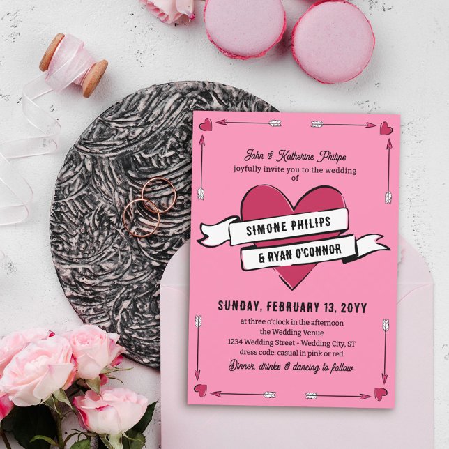 Invitación Romantic Heart Arrows & Ribbon Casual Wedding (Subido por el creador)