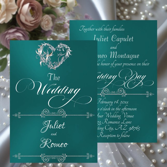 Invitación Romantic Heart & Calligraphy on Teal - Wedding (Subido por el creador)
