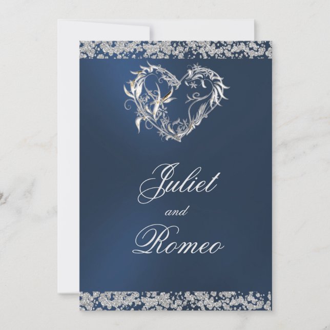 Invitación Romantic Heart & Glitter on Blue Wedding (Anverso)