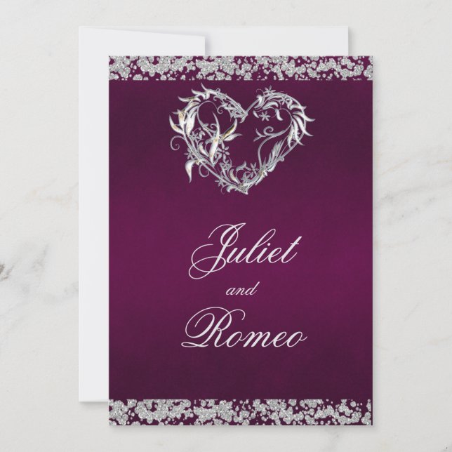 Invitación Romantic Heart & Glitter on Plum Wedding (Anverso)