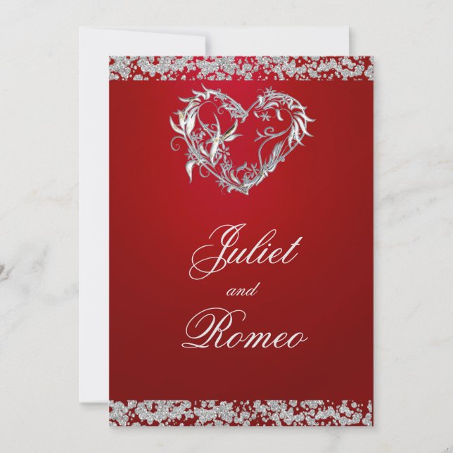 Invitación Romantic Heart & Glitter on Red Wedding (Anverso)