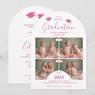 Invitación Romantic Hot Pink 4-Photo Double Twins Grads TMF26