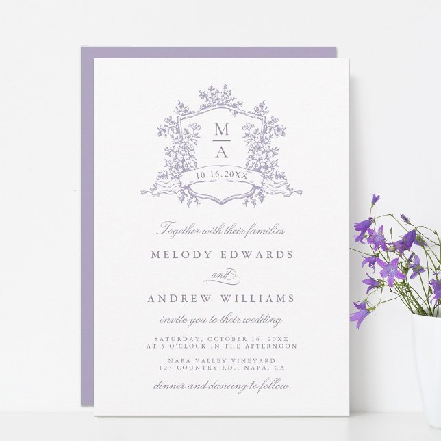 Invitación Romantic Lavender Floral Crest Wedding (Subido por el creador)