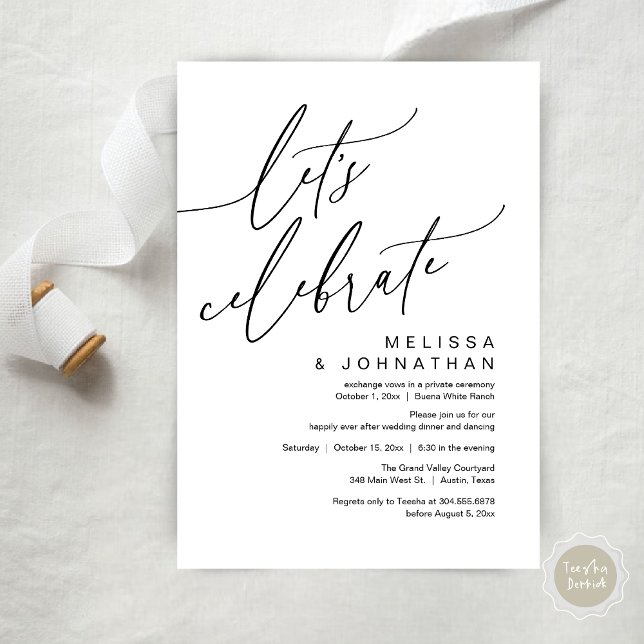 Invitación Romantic Let's Celebrate Wedding Elopement Party (Let's Celebrate, Romantic Charm Wedding Elopement Dinner Party Brunch Invites Card PDF White Black)