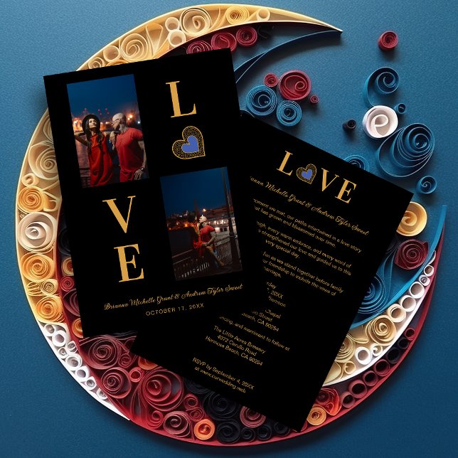 Invitación Romantic Love blue Heart Fake Lace 2 Multi PHotos (Romantic Love blue Heart Fake Lace & Fake Golden Effect Classic 2 Photos Collage Wedding Invitation.)