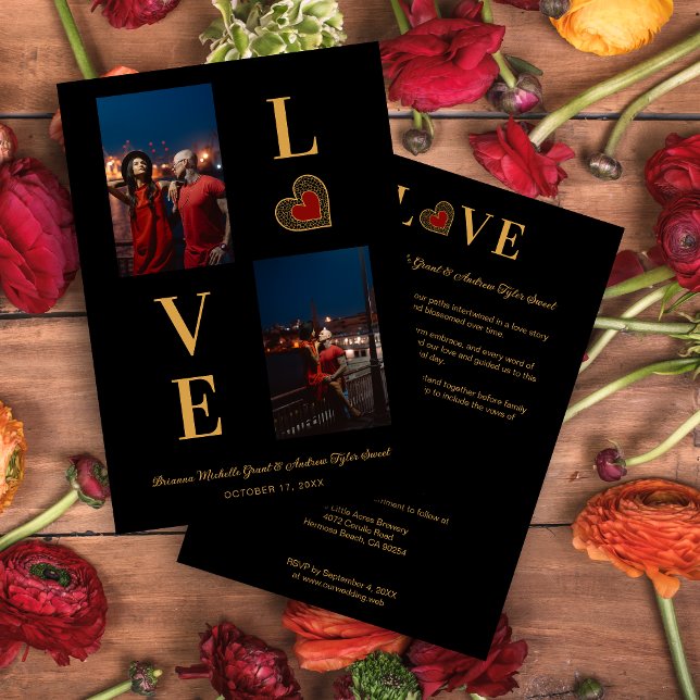 Invitación Romantic Love Red Lace Heart 2 Multi Photos  (Romantic Love Red Heart Fake Lace and Fake Golden Effect Simple Classic 2 Photos Collage Invitation.)