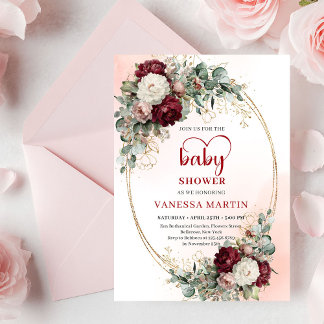 Invitación Romantic Maroon Floral Gold Baby Shower Invite
