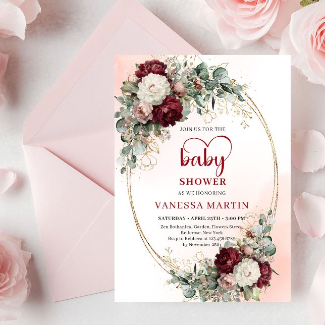 Invitación Romantic Maroon Floral Gold Baby Shower Invite (Romantic Maroon Floral Gold Baby Shower Invite

)