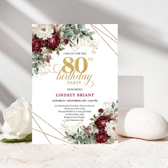 Invitación Romantic Marsala Eucalyptus 80th Birthday (Romantic Marsala Eucalyptus 80th Birthday)