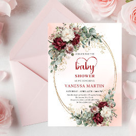 Invitación Romantic Marsala Flowers Heart-Shaped Font Baby 