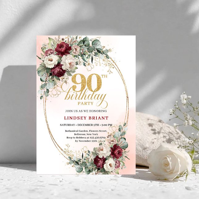 Invitación Romantic Marsala Peonies Eucalyptus 90th Birthday  (Romantic Marsala Peonies Eucalyptus 90th Birthday Invite)
