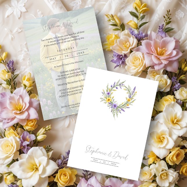 Invitación Romantic Minimalist Wedding Yellow Lavender Wreath (Romantic Minimalist Wedding Yellow & Lavender Wreath Photo Invitations Cards. )