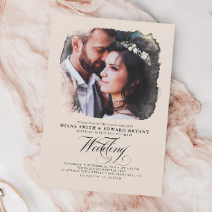 Invitación Romantic Modern Elegant Ecru 2 Fotos Boda
