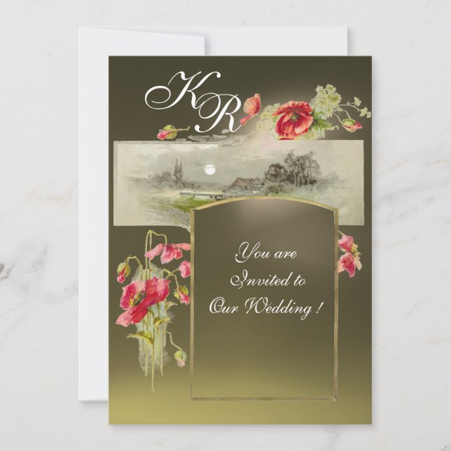 Invitación ROMANTİC MONOGRAM /POPPIES,agre gris rojo,verde (Anverso)