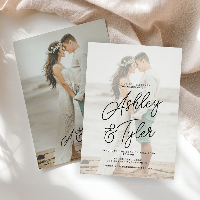 Invitación Romantic names script overlay photo wedding (Subido por el creador)