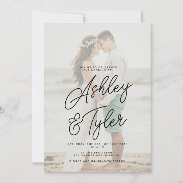Invitación Romantic names script overlay photo wedding (Anverso)