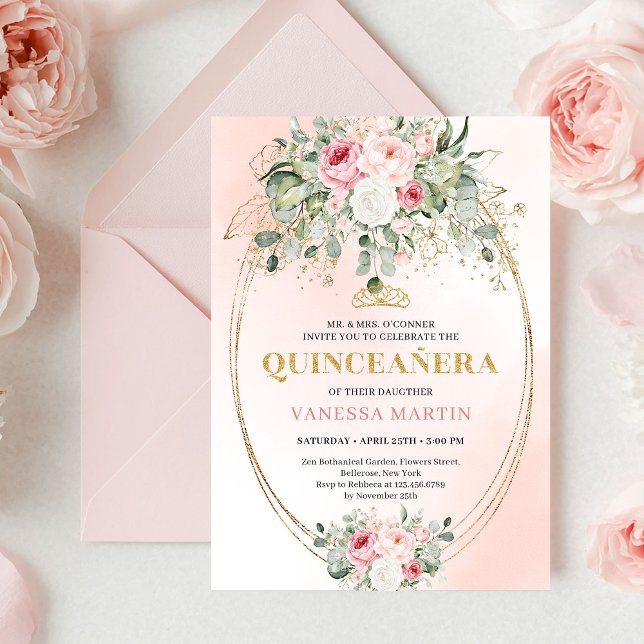 Invitación Romantic Pale Pink Eucalyptus Quinceañera Invite (Romantic Pale Pink Eucalyptus Quinceañera Invite

)