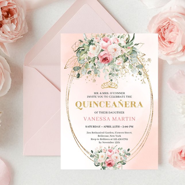 Invitación Romantic Pale Pink Rose Gold Quinceañera Card (Romantic Pale Pink Rose Gold Quinceañera Card

)