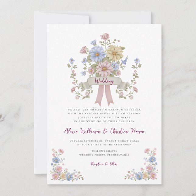 Invitación Romantic Pastel Floral all in one wedding qr code  (Anverso)