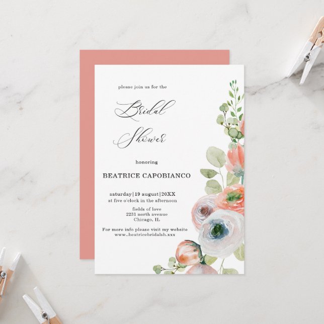 Invitación Romantic Peach Coral Floral Bridal Shower Card (Anverso/Reverso In Situ)