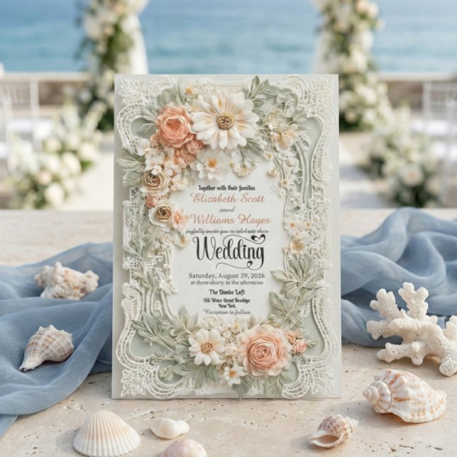Invitación Romantic Peach Floral Faux Embossed Wreath Wedding (Subido por el creador)