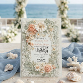 Invitación Romantic Peach Floral Faux Embossed Wreath Wedding