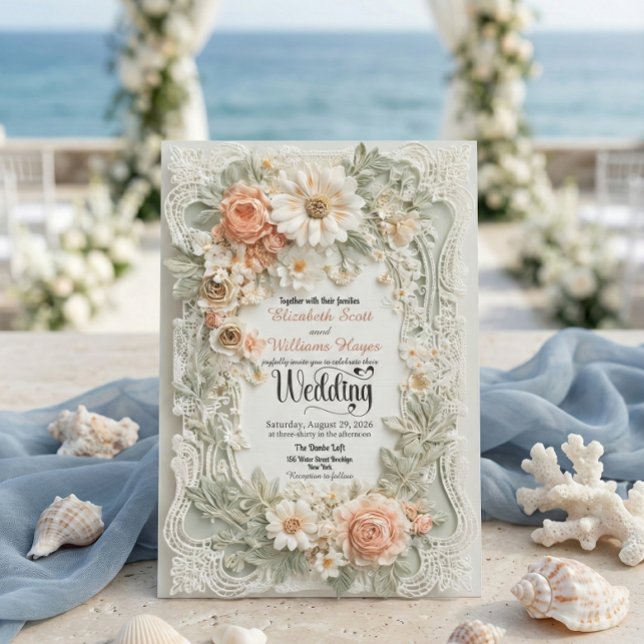 Invitación Romantic Peach Floral Faux Embossed Wreath Wedding (Subido por el creador)