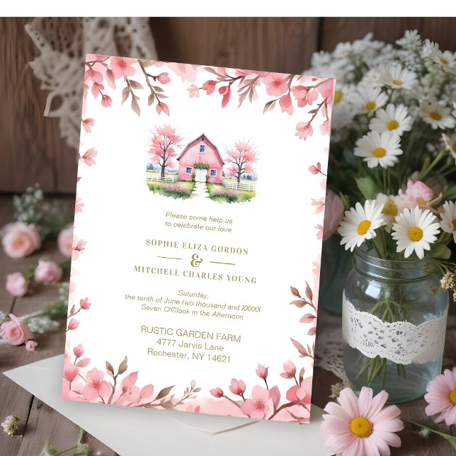 Invitación Romantic Pink Barn Rustic Landscape Floral Frame (Romantic Pink Barn in Rustic Landscape and Cute Floral Frame Wedding Invitations Cards. )
