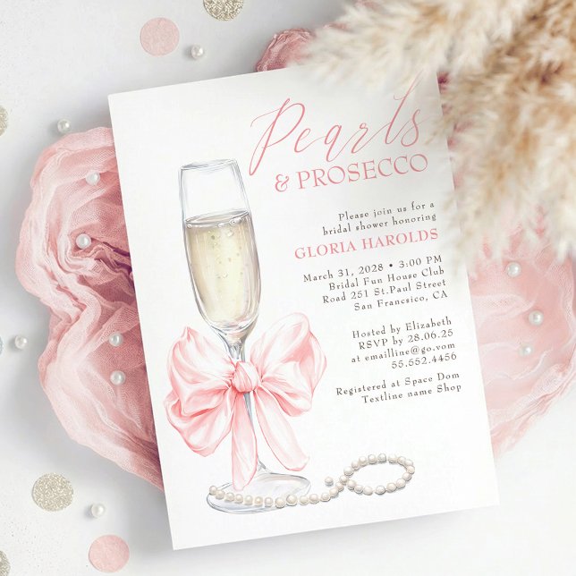 Invitación Romantic Pink Bow Pearls & Prosecco Bridal Shower (Pink Bow Pearls and Prosecco Elegant Romantic Bridal Shower Invitation)