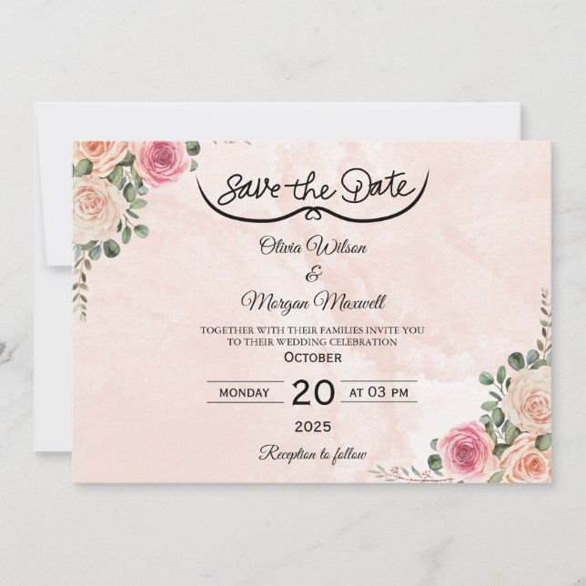 Invitación Romantic Pink Cream Floral Wedding Save the Date I (Anverso)