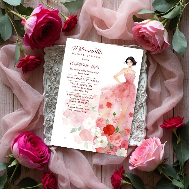Invitación Romantic Pink Floral Tulle Model Bridal Shower (Romantic Fashion Model Woman in Pink Floral Tulle Dress Bridal Shower Invitation Design.)