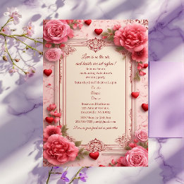 Invitación Romantic Pink Heart Motifs Valentine Party Floral