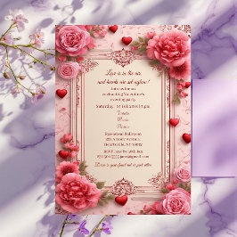 Invitación Romantic Pink Heart Motifs Valentine Party Floral 