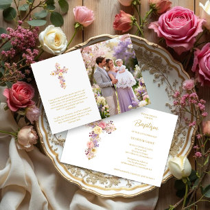 Invitación Romantic Pink Lilac Floral Cross Baptism