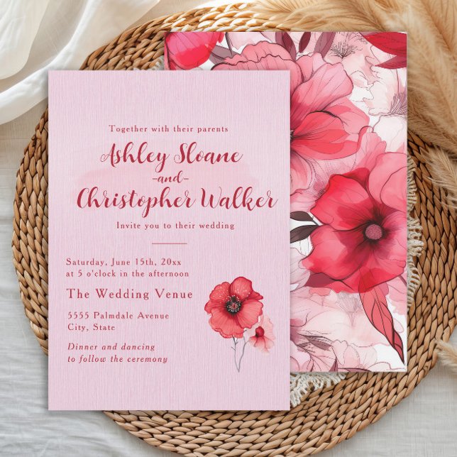 Invitación Romantic Pink Red Floral Wedding (Romantic pink and red watercolor floral wedding invitation)