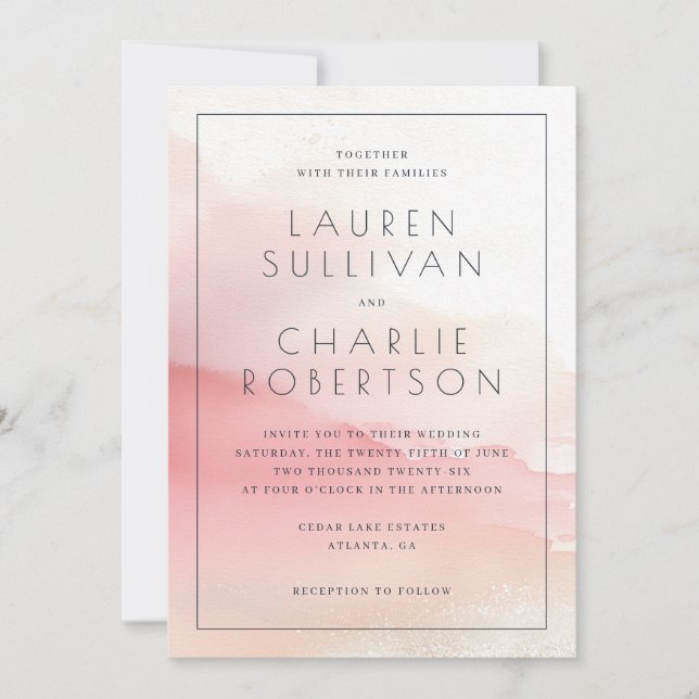 Invitación Romantic Pink Watercolor Wedding Invitation (Anverso)