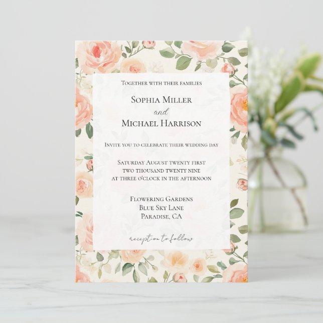 Invitación Romantic Pretty Cream Peach Floral Wedding (Anverso de pie)