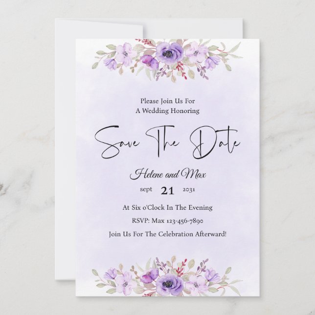 Invitación Romantic Purple Floral Wedding Save the Date (Anverso)