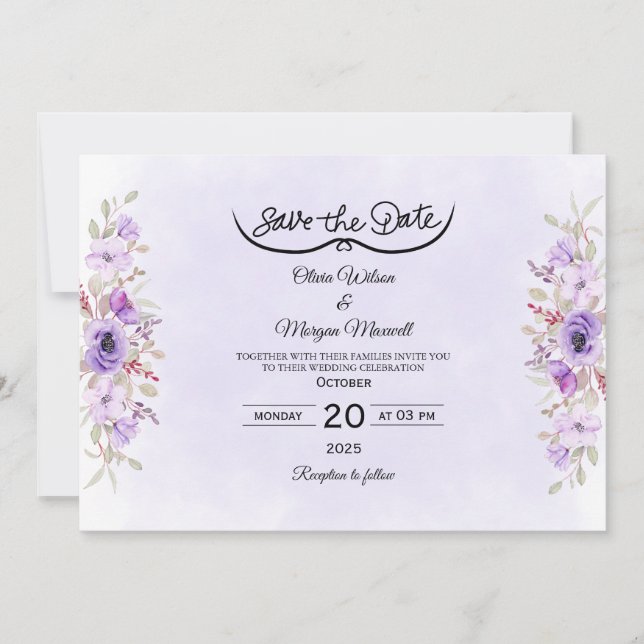Invitación Romantic Purple Floral Wedding Save the Date (Anverso)