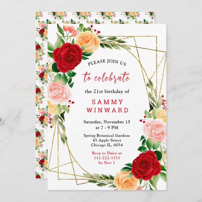 Invitación Romantic Red and Orange Roses (Anverso / Reverso)