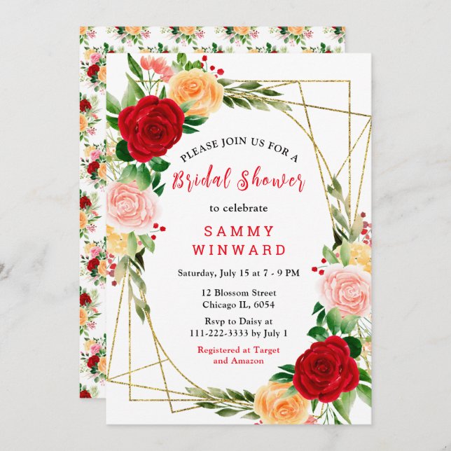 Invitación Romantic Red and Orange Roses (Anverso / Reverso)
