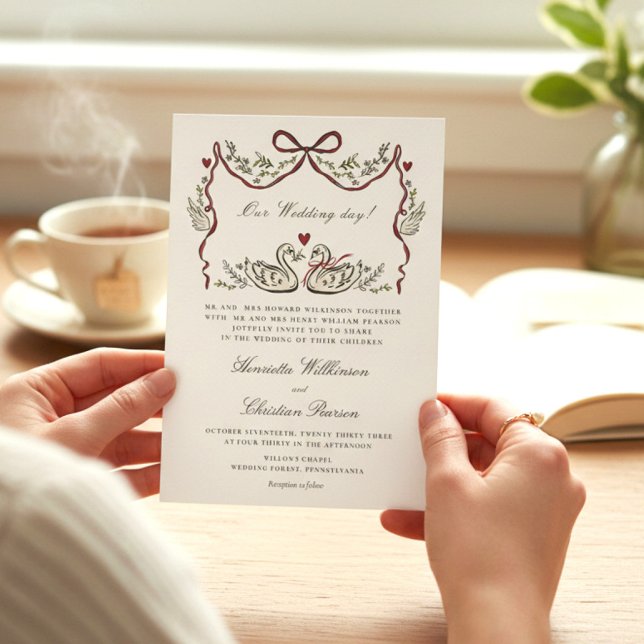 Invitación Romantic Red Bow Swans Formal Wedding Invitation (Subido por el creador)