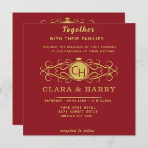 Invitación Romantic red gold elegant monogramme wedding 