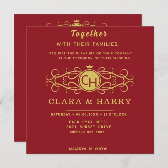 Invitación Romantic red gold elegant monogramme wedding  (Anverso / Reverso)