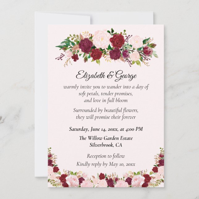 Invitación Romantic Red, Pink Roses Custom Wedding Invitation (Anverso)