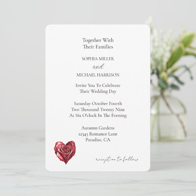 Invitación Romantic Red Rose Heart Flower Wedding (Anverso de pie)