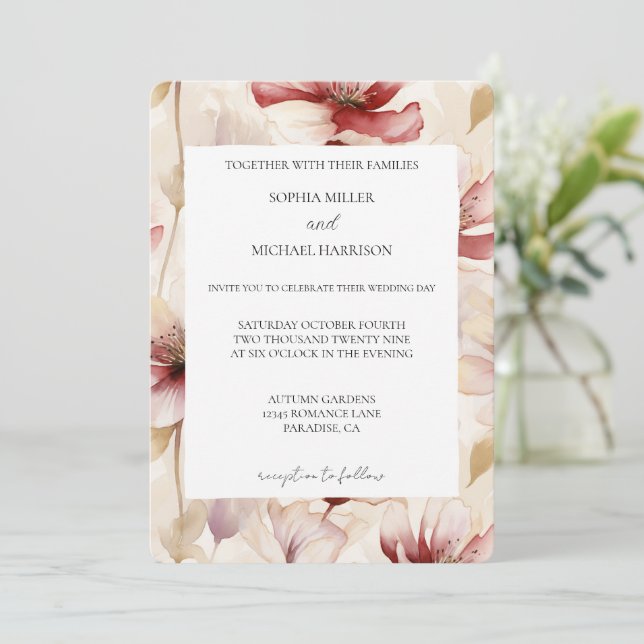 Invitación Romantic Red White Cream Floral Wedding (Anverso de pie)