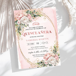 Invitación Romantic Rose Gold Floral Greenery Quinceañera