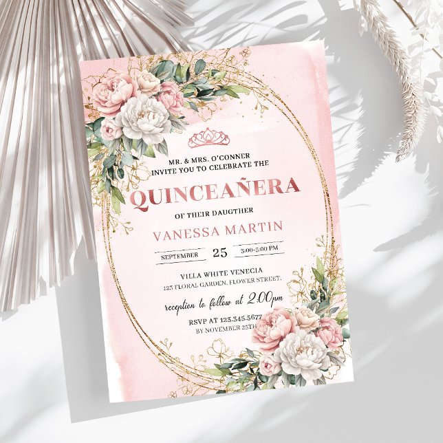 Invitación Romantic Rose Gold Floral Greenery Quinceañera   (Romantic Rose Gold Floral Greenery Quinceañera Invitation

)